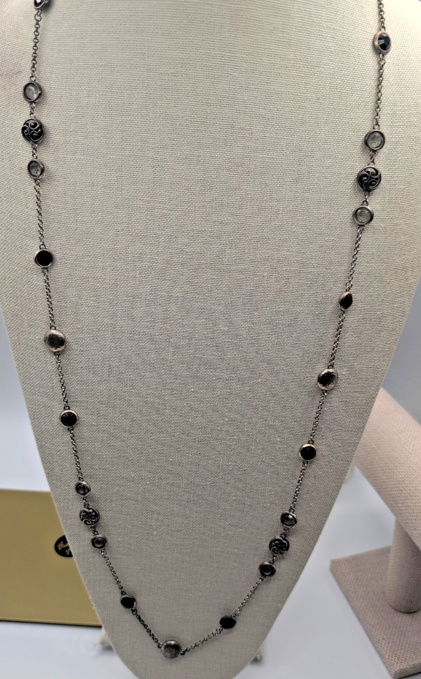 Brighton Black Clear Crystal Statement Necklace Reversible FADED Silvertone Loss
